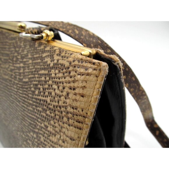Vintage 60s Genuine Leather Reptile Purse YKK Zip Gold Frame Kiss Lock Bag - Picture 13 of 16